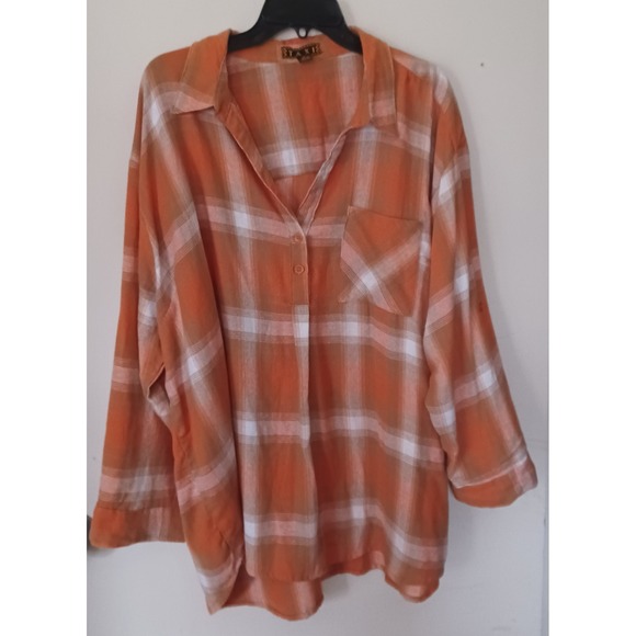 TAXI Orange Plaid Button Henley Top Women's 3X 100% Cotton Roll Tab Sleeve Flowy - Picture 2 of 6
